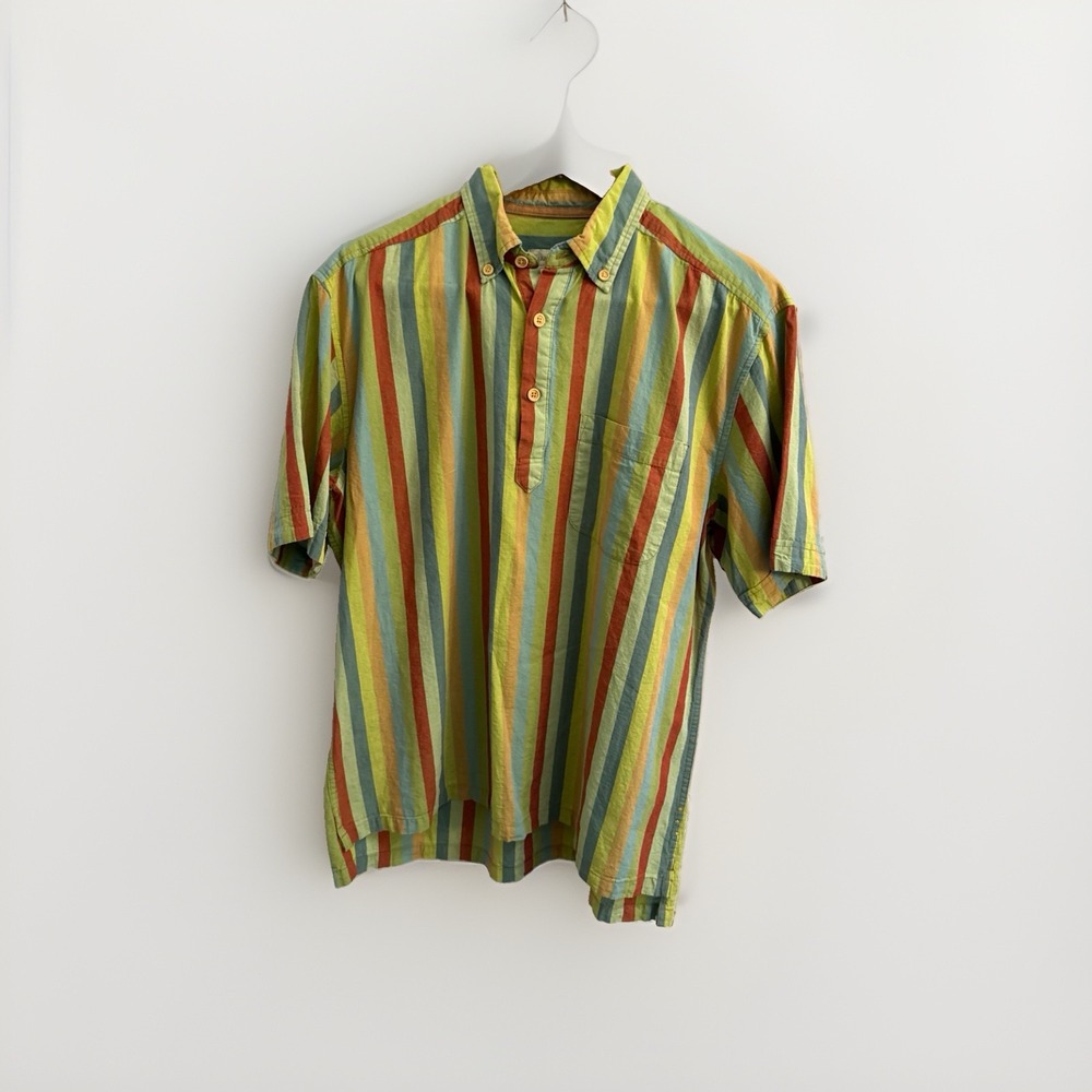 The Territory Ahead Shirt 3 Button Stripe Mens M Green Red Cotton Boho Casual